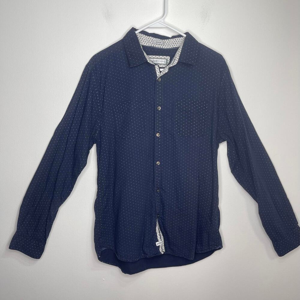 PD&C men's large button down casual shirt navy blue white cotton slim fit